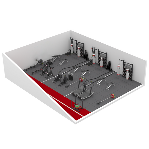 Isometric view of a gym room featuring multiple stationary bikes, punching bags, weight racks, and scattered exercise equipment on a gray-tiled floor. The space has a red mat section on one side.