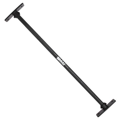 A black adjustable X-Frame Chin Up Bar with a 32mm diameter, featuring brackets on both ends, is positioned diagonally against a white background. Despite the generic brand label "No Sync To Channel Engine," it stands out for its sleek design and functionality.