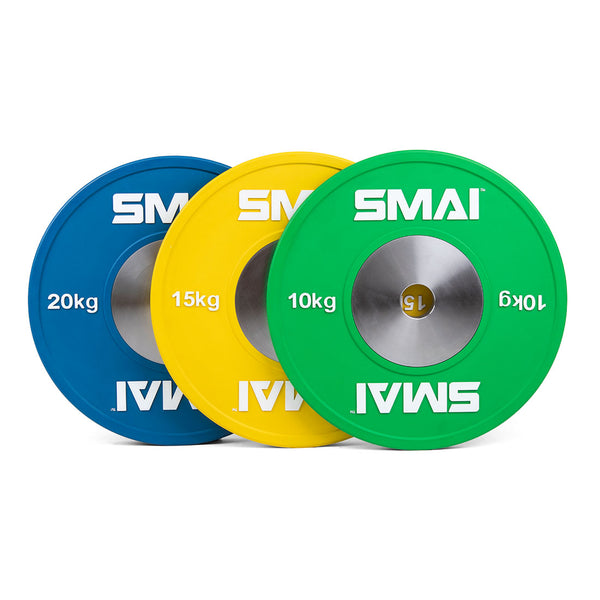 The Competition Bumper Plate Set with Barbell - 90kg by SMAI features three plates in blue (20kg), yellow (15kg), and green (10kg). Each plate displays the "SMAI" branding and is artfully arranged to overlap, making them ideal for elite bearing barbells to elevate your Olympic weightlifting routine.