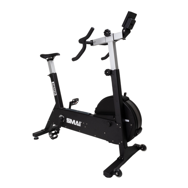 A black and silver stationary exercise bike with handlebars, adjustable seat, and digital display, set against a plain white background. The bike is branded "SMAI.