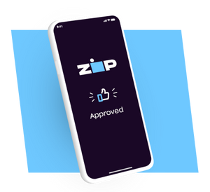 A smartphone with the screen displaying a logo reading "Zip." Below the logo, there's a thumbs-up icon and the word "Approved." The phone is angled on a light blue background.