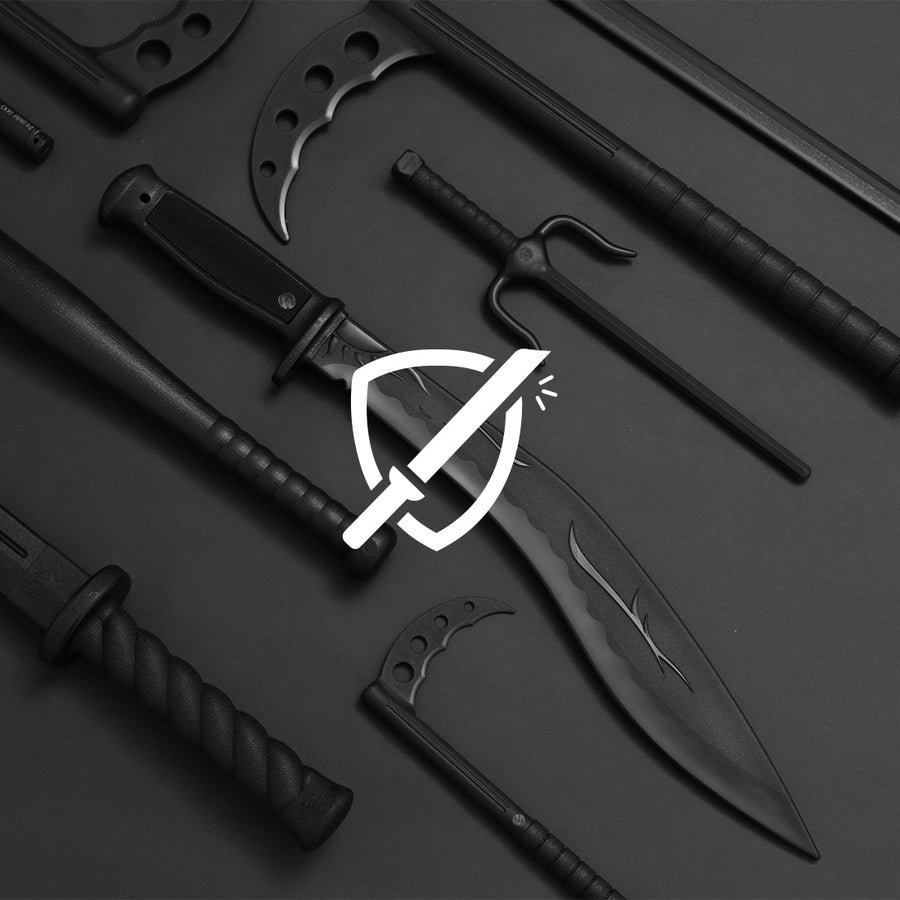 A collection of black martial arts weapons, including swords, batons, and a sai, arranged on a black surface with a white sword and shield icon overlaid in the center.