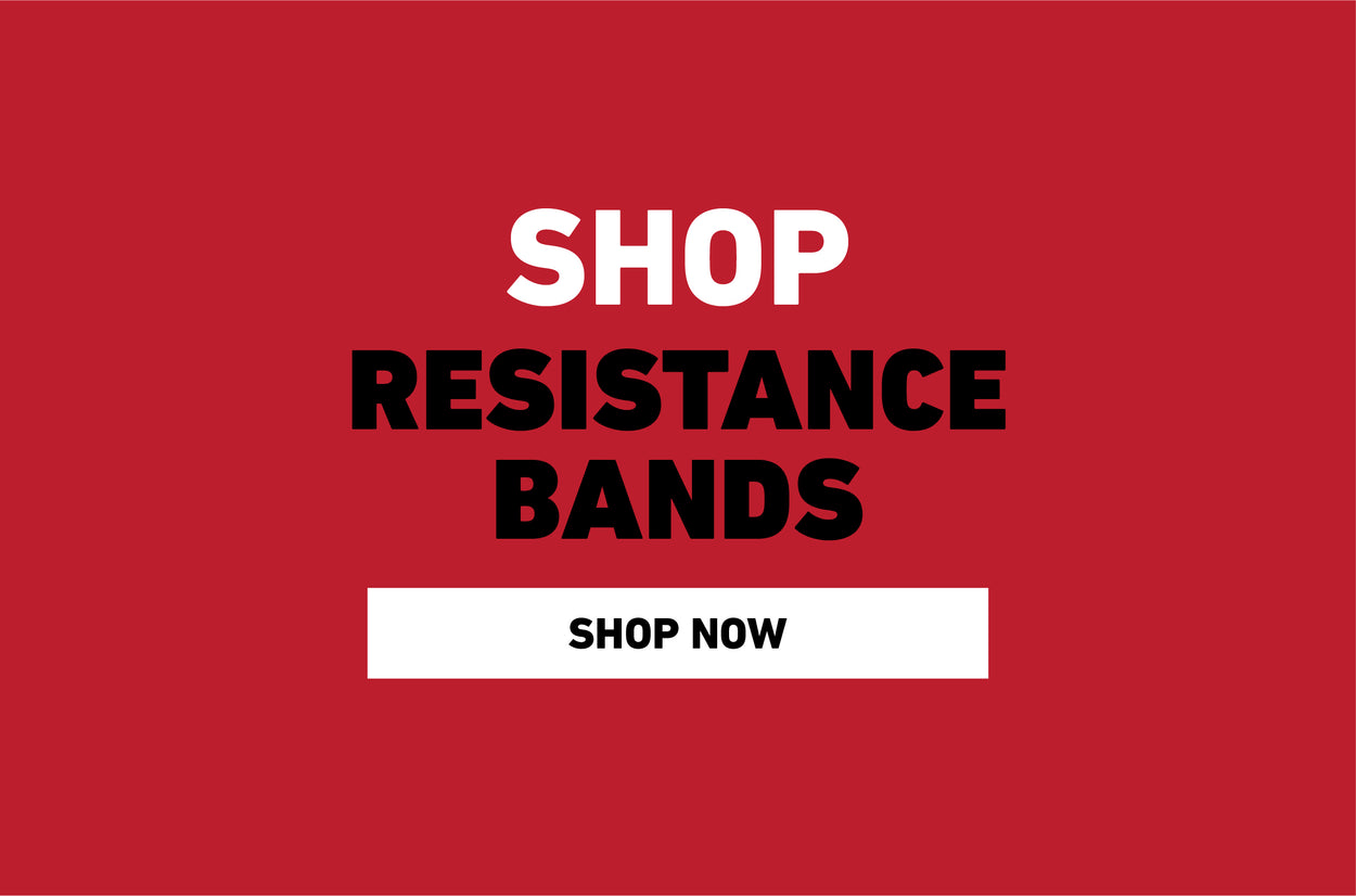 Red background with bold white and black text reading "Shop Resistance Bands" above a white button that says "Shop Now.