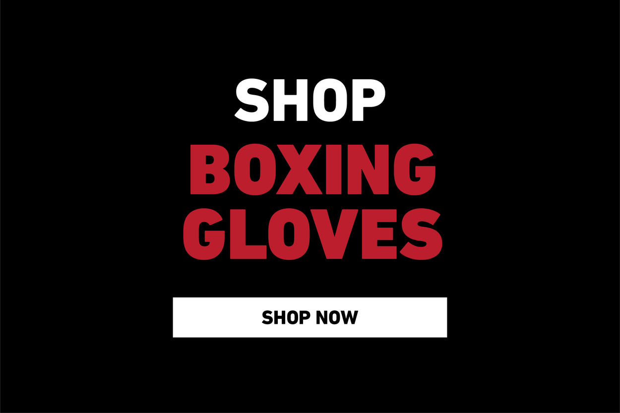 Text graphic with a black background. Bold white and red text reads, "Shop Boxing Gloves." Below is a white button with the words "Shop Now" in black.