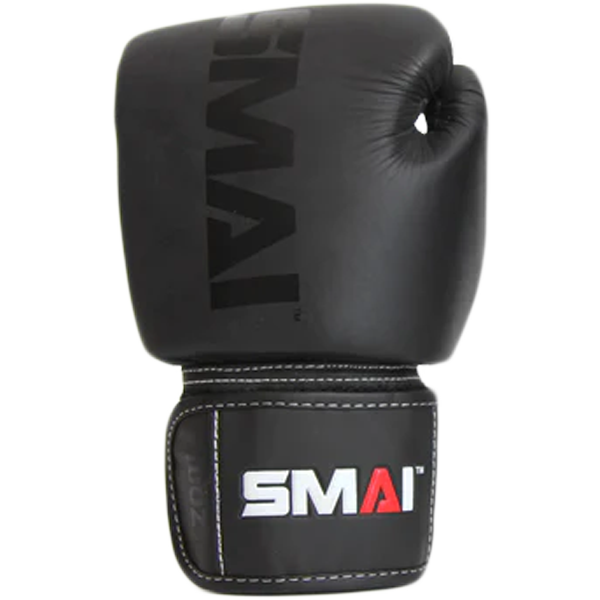 A black boxing glove with white stitching and the brand name "SMAI" printed in white and red on the wrist strap.