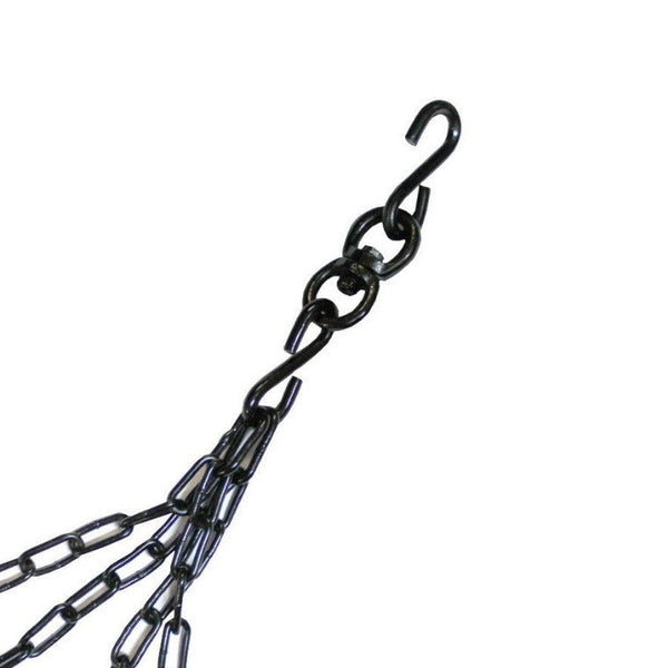 A metal chain with a hook, reminiscent of a punch bag setup, partially hangs against a white background. The elongated, interlocked links lead up to the curved hook at the top, showcasing the quality craftsmanship of Sale Item's Punch Bag - Swivel and Chain design.