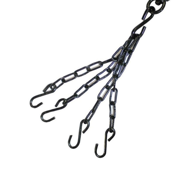The Sale Item Punch Bag - Swivel and Chain consists of four black metal chains with hooks and swivels for added flexibility, spreading out from a central connection point. Made from interlocking loops, these chains are perfect for heavy-duty tasks like securely holding a punch bag.