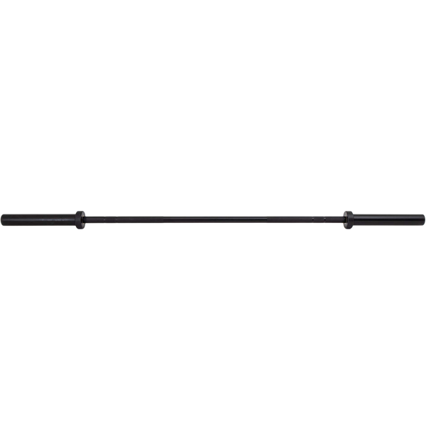 A straight, black metal barbell with smooth, cylindrical ends, displayed horizontally on a plain white background.