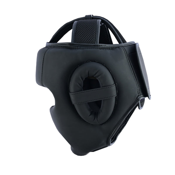 PRE-ORDER the SMAI Gold Series Boxing Headgear - Black/Gold. Features EVA padding, oval-shaped ear protectors, adjustable strap—ideal for martial arts or boxing to safeguard your head and ears during intense training or sparring.