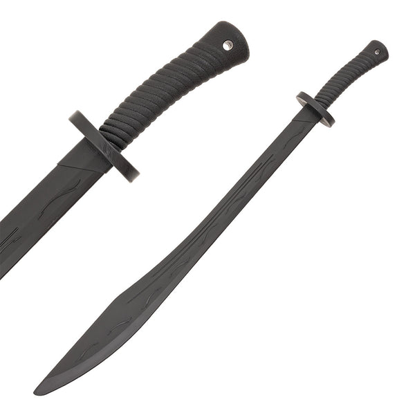 The SMAI Large Kung Fo Dao / Broadsword - Unbreakable is a black polypropylene sword with a curved blade, textured grip, decorative lines, and a wide tip, reminiscent of a traditional Kung Fu Dao, shown from two angles.