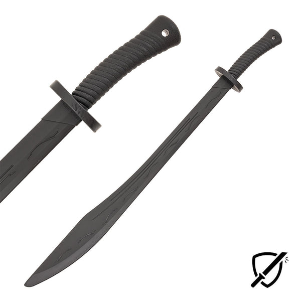 The SMAI Large Kung Fo Dao / Broadsword - Unbreakable features a black, straight blade with subtle wave patterns and a ribbed handle, shown from two angles with a small shield and sword icon in the bottom right.