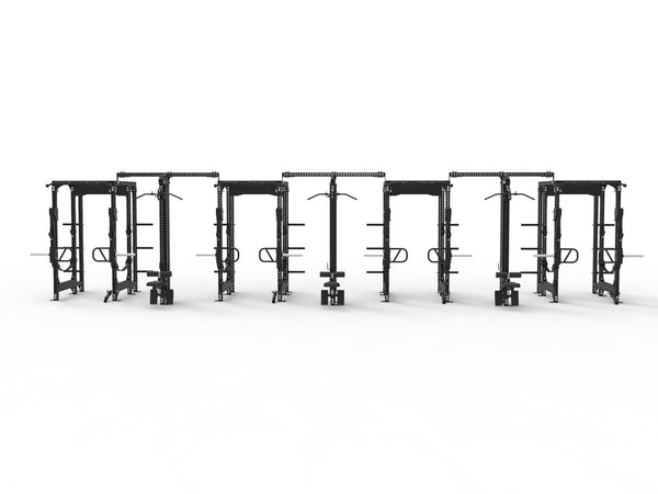 A row of SMAI's Vanta Series 4 Cell with 3 x Lat Pull Towers, featuring black gym power racks with barbells and pull-up bars, symmetrically arranged against a plain white backdrop.