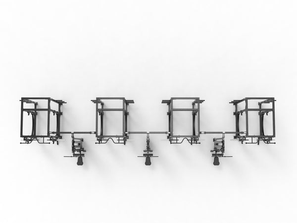 The SMAI Vanta Series' "4 Cell with 3 x Lat Pull Towers" features four interconnected metal cubes resembling a sleek commercial power rack, aligning horizontally on a light background with an open frame and mechanical components similar to those on a cable machine.