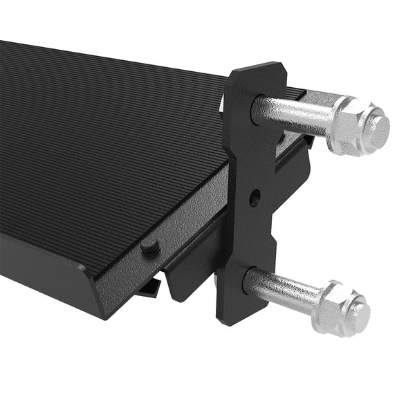 Close-up of a black metal beam from the SMAI Dumbbell Shelf - Vanta Series, featuring a textured surface and connected by two large silver bolts and nuts through a black bracket—ideal for supporting storage or Vanta Flat Shelves.