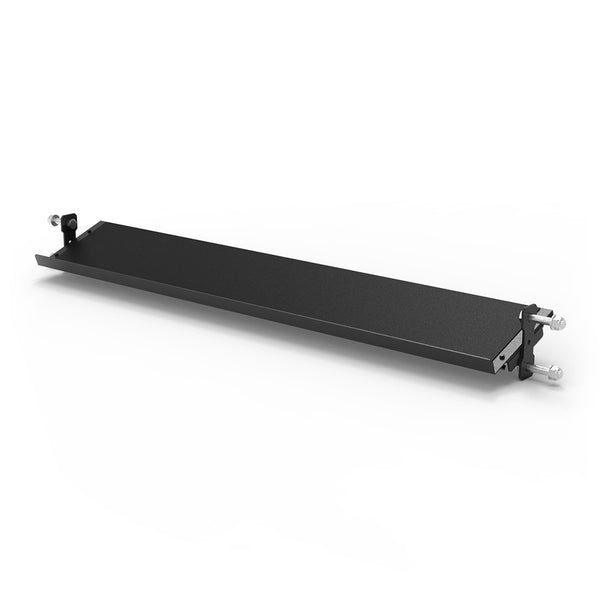 The SMAI Dumbbell Shelf - Vanta Series is a black rectangular metal rackmount shelf with mounting brackets and screws on each end, designed to cover unused spaces in server racks or network enclosures.