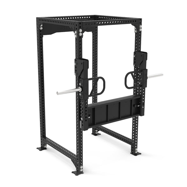 The SMAI Vanta Series Leg Press Attachment is designed for home gym power racks, fitting black steel frames with adjustable barbell holders and safety arms. The rectangular rack features multiple holes for precise height adjustments.