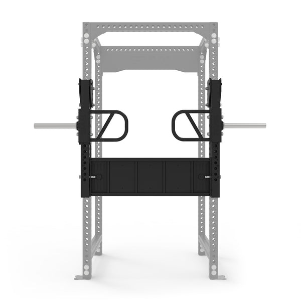Front view of the SMAI Leg Press Attachment - Vanta Series, designed for strength training at home. Features two parallel handles and side bars; the grey rack structure contrasts with the black attachment.