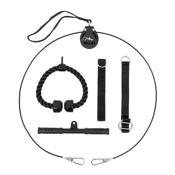 The SMAI Cable Pulley System is ideal for functional strength training and includes a metal pulley, wire rope with carabiners, black twisted tricep rope, straight pull-down bar, and two nylon straps with metal rings.