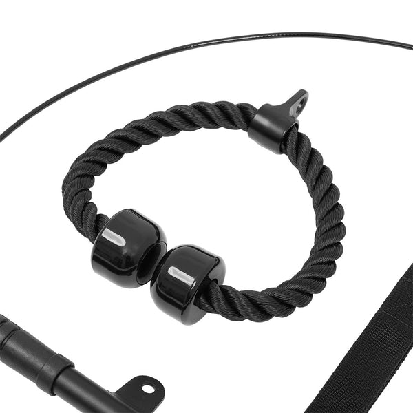A close-up of the SMAI Cable Pulley System’s black braided cable lock with glossy end caps, coiled beside a mounting bracket and strap—perfect for securing your setup in any home gym or strength training space.