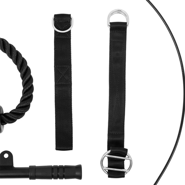 Close-up of SMAI Cable Pulley System accessories on white—black twisted rope with rubber end, two black nylon straps with metal rings, and part of a black metal handle—for functional strength training.