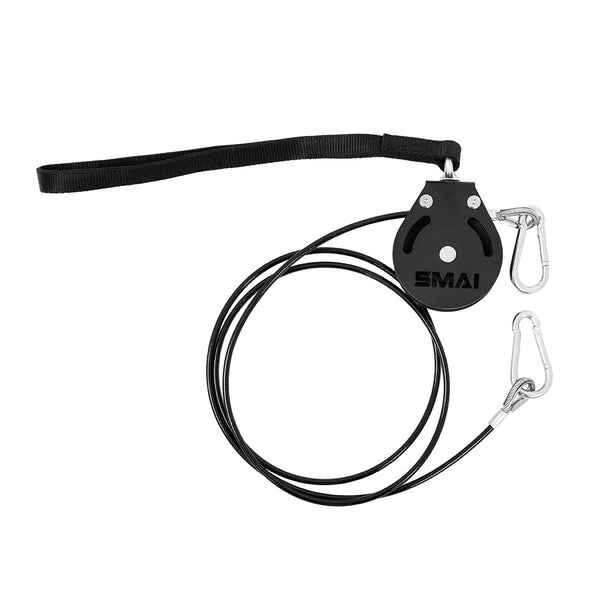 The SMAI Cable Pulley System, shown on a white background, features a black pulley with branded housing, wrist strap, steel cable, and two metal carabiners—perfect for functional strength training in any home gym.