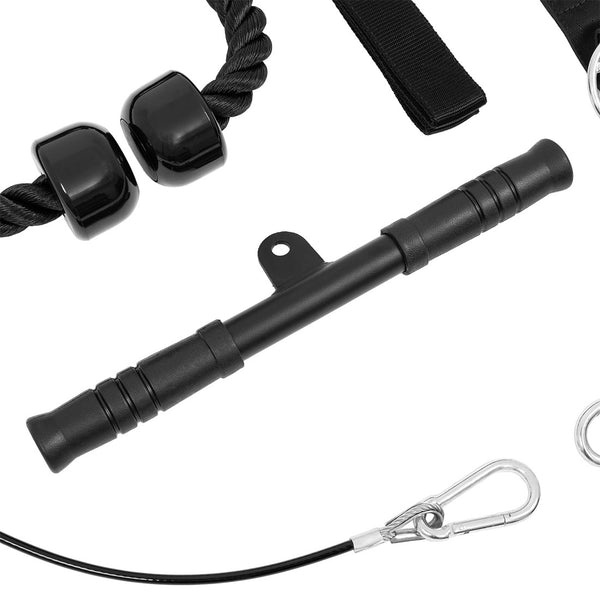 A close-up of the SMAI Cable Pulley System shows a straight metal handlebar, rope with end caps, strap, and cable with carabiner—key attachments for effective functional strength training at home.