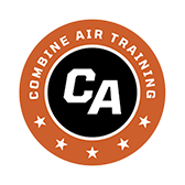 An orange circular logo with the white text "COMBINE AIR TRAINING" around the edge, five white stars at the bottom, and a black center featuring large white letters "CA.