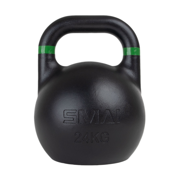 A black kettlebell with "SMAI" and "24KG" embossed on the front and a green stripe near the handle, set against a plain white background.