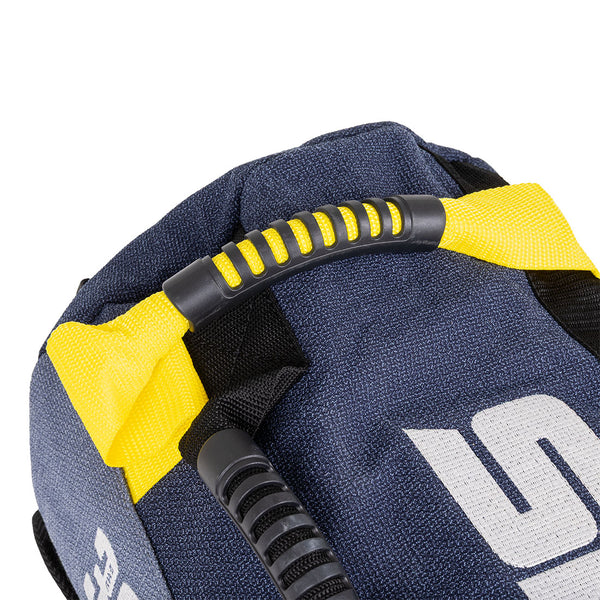 Close-up of the SMAI Sand Bags - Hybrid Range in blue, featuring bold white branding and durable black and yellow handles with textured grips—perfect for strength and endurance training.