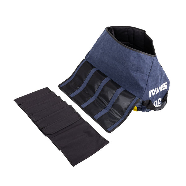 The SMAI Sand Bags - Hybrid Range, shown open in blue and black with multiple mesh pockets and a detached black insert, are ideal for storing aramid fibre gym equipment.
