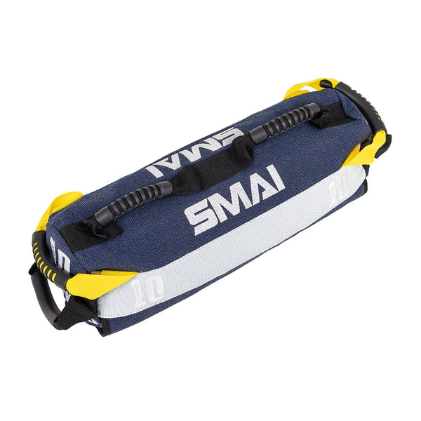 The SMAI Sand Bags - Hybrid Range feature a blue and white design, 10kg weight indicator, and durable black and yellow handles at each end—perfect for versatile strength and endurance training.