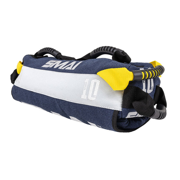 The SMAI Sand Bags - Hybrid Range features a blue and white design, black and yellow handles, "SMAI" branding, and a "10" mark for 10kg. Perfect for strength and endurance training in diverse fitness routines.
