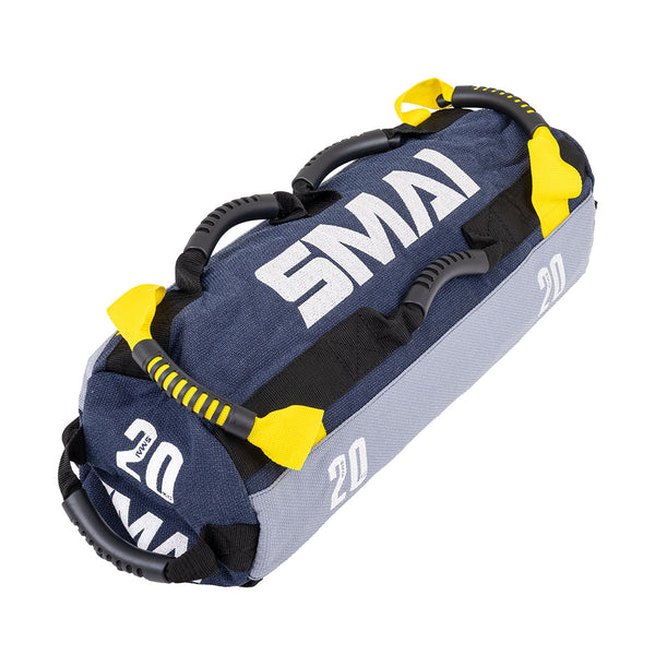 The SMAI Sand Bags - Hybrid Range feature a blue and gray design, yellow straps, black handles, and "20" with the SMAI logo printed in white—perfect for strength and endurance training.