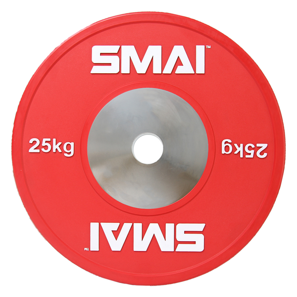 Red 25kg weightlifting bumper plate with the brand name "SMAI" printed in white letters on both sides of the central hole. The plate is viewed from above against a plain background.