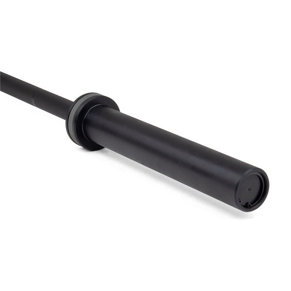A close-up of the SMAI Barbell - (Competition) 15kg - Black Oxide's sleek, metallic sleeve and part of the shaft. The plain white background enhances its design, making it ideal for functional fitness enthusiasts.