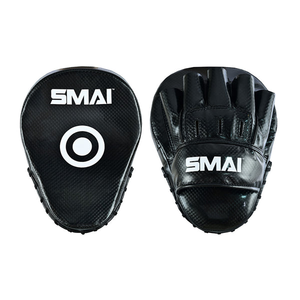 Two SMAI Essentials Boxing Mitts - Black are shown on a white background: one displays a target circle with white branding, the other shows the padded glove side with finger slots and wrist strap—perfect for boxing or Muay Thai drills.