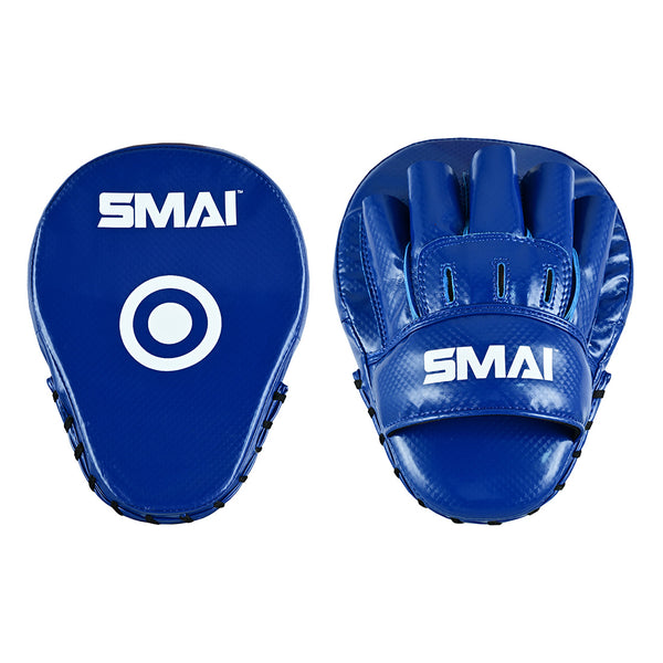 A pair of blue SMAI Essentials Boxing Mitts—ideal for Muay Thai. One shows the front with a white target circle; the other displays the back with finger slots and a secure strap for hand support.