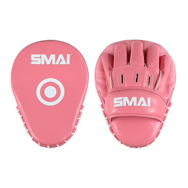 SMAI Essentials Boxing Mitts in pink: one shows the white target circle front, the other reveals the back with finger slots and strap—ideal focus mitts for training precision and speed.
