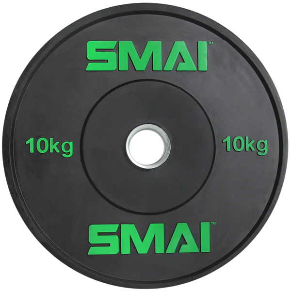 A round, black weight plate with "SMAI" in green letters and "10 kg" marked twice in green. There is a central silver hole for mounting on a barbell.
