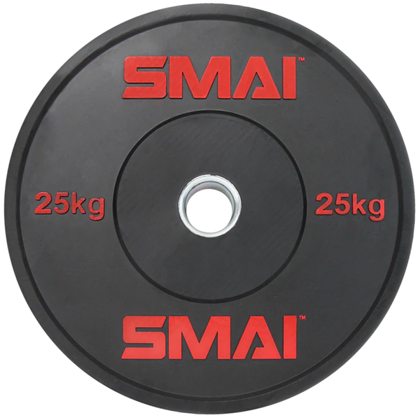 A black SMAI weight plate with red text displaying "SMAI" and "25 kg" twice, and a metal center hole for mounting on a barbell.