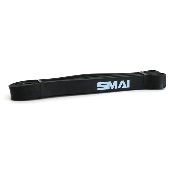 The SMAI Rebounder Mini Trampoline Pack includes a black resistance band with the white SMAI logo, ideal for increasing resistance during your rebounder workouts.