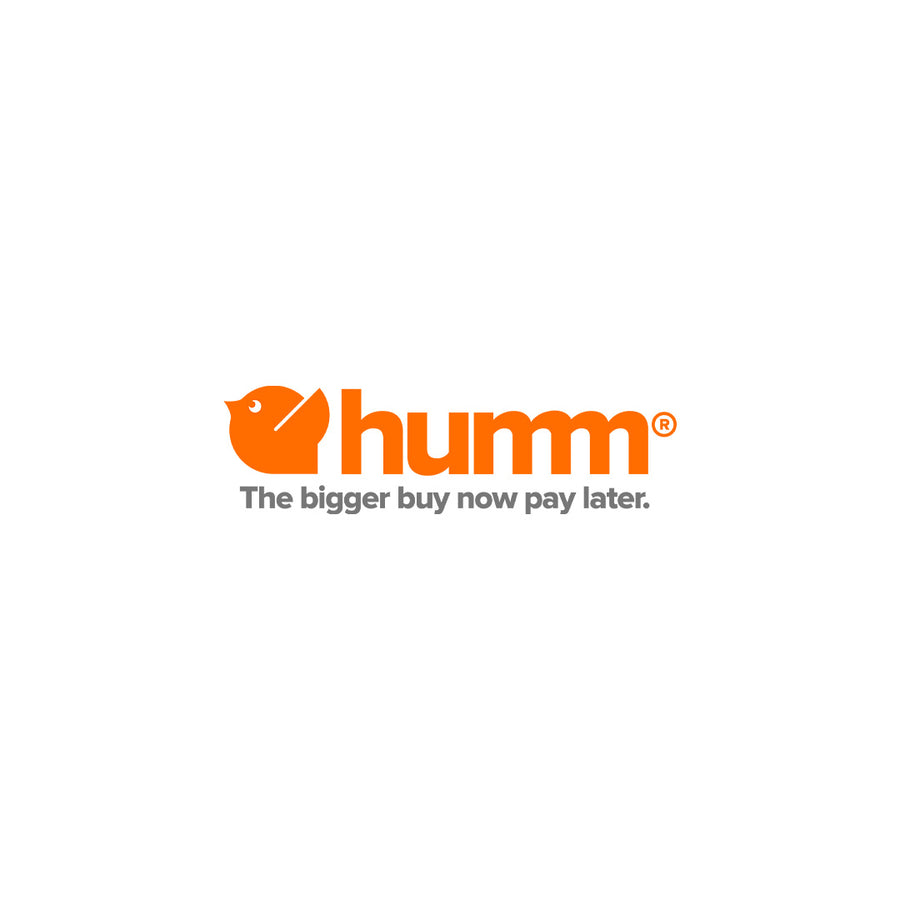 The image shows the Humm logo with an orange bird icon and the word "humm" in orange lowercase letters. Below, the tagline reads, "The bigger buy now pay later." The background is white.