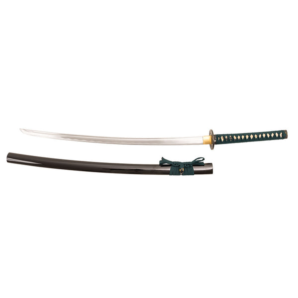The SMAI Katana - Medium Carbon Emerald features a green and gold handle and a black lacquered scabbard, shown on a white background—ideal for Iaido practice.