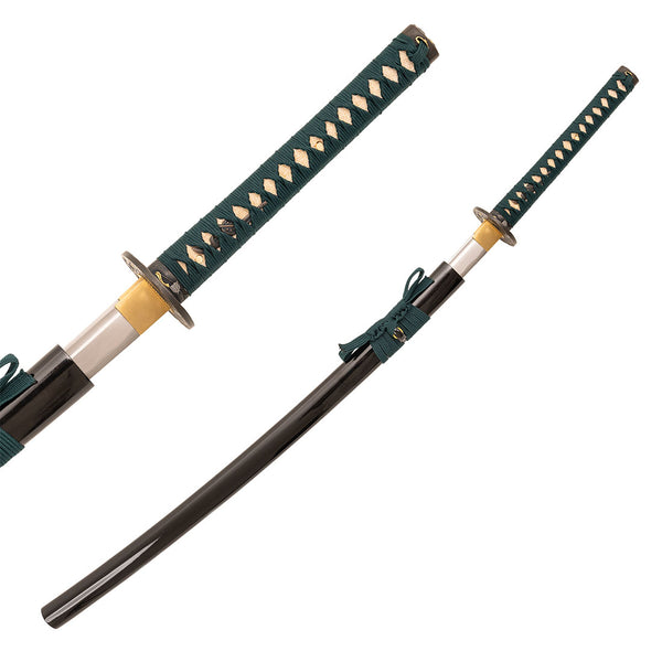 The SMAI Katana - Medium Carbon Emerald features a green-wrapped handle, gold guard, and partially visible silver blade. Made of medium carbon steel, it comes with a black scabbard and is ideal for Iaido practice.