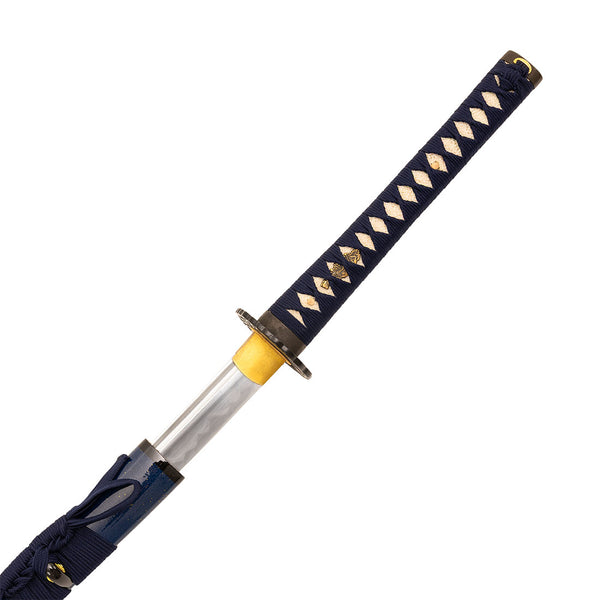 The SMAI High Carbon Steel Tempered Katana - Midnight Sky features a blue and gold handle with detailed wrap and guard, and a partially drawn high carbon steel blade.