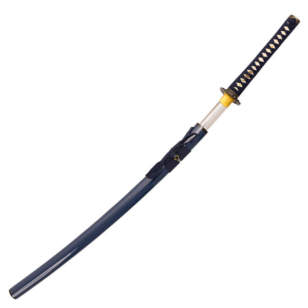 The SMAI High Carbon Steel Tempered Katana - Midnight Sky features a blue scabbard, gold guard, and blue handle with a white diamond pattern. Its high carbon steel blade is beautifully displayed on a white background.