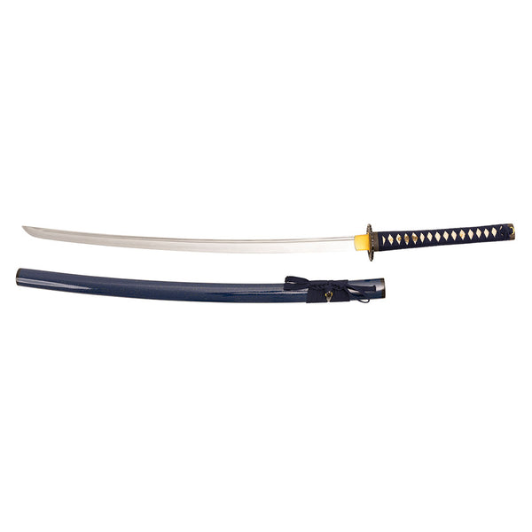 The SMAI High Carbon Steel Tempered Katana - Midnight Sky features a full tang, blue and black handle, gold handguard, and curved silver blade, displayed above its matching blue sheath.