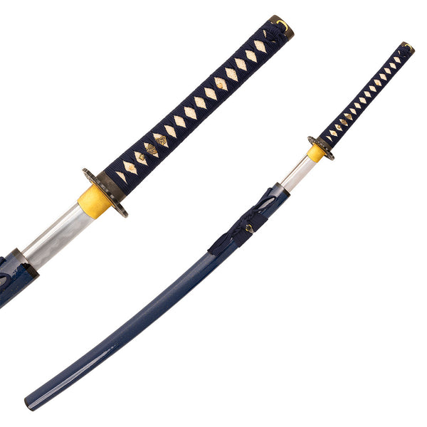 The SMAI High Carbon Steel Tempered Katana - Midnight Sky features a shiny blade, dark blue and gold handle and scabbard with intricate patterns, making this katana truly striking.