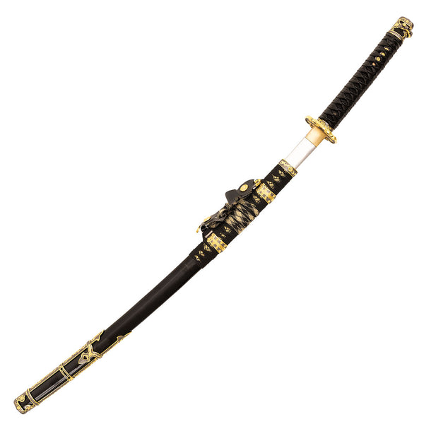 The SMAI Forged Carbon Steel Katana - Dark Emperor features a black and gold full tang design with ornate gold accents on the handle and sheath, showcasing traditional Japanese elements.