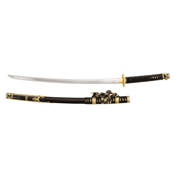 The SMAI Forged Carbon Steel Katana - Dark Emperor features a curved Damascus folded blade, black and gold handle, and an ornate matching sheath placed below the sword.